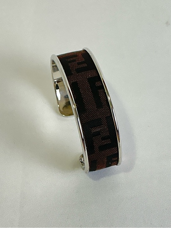 FENDI Brown Monogram Cloth Canvas Silver Cuff Bangle Bracelet - Picture 4 of 8